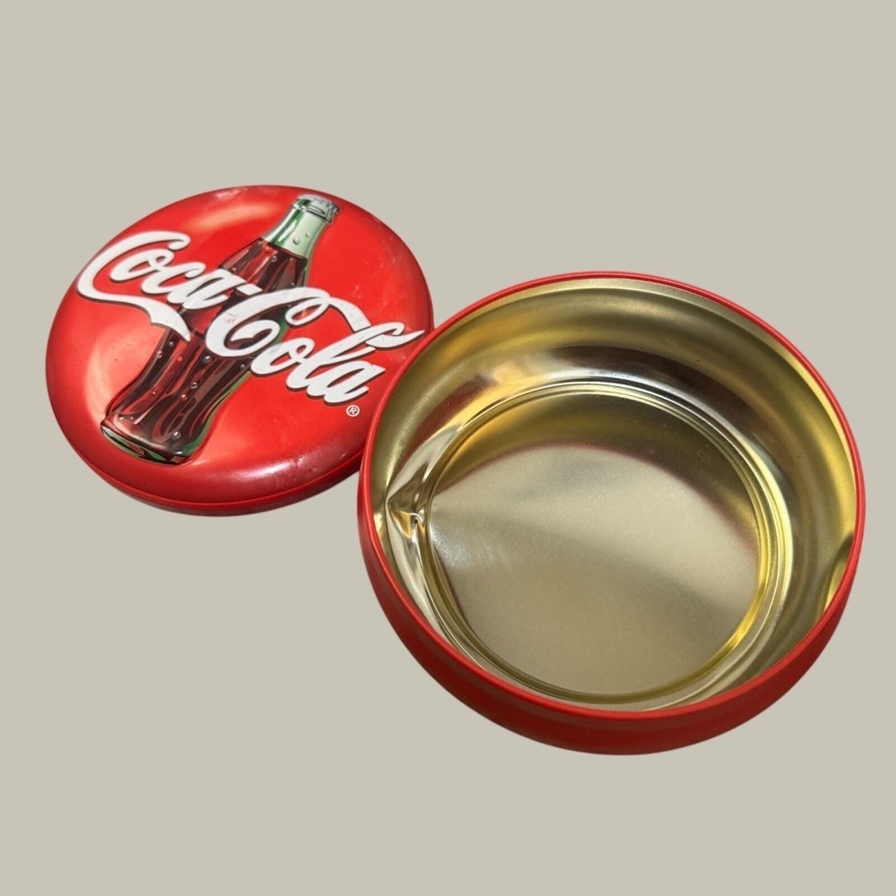 Coca Cola Embossed Red Metal Storage Tin‎ Round Button Lid 2001 Vintage Trinket
